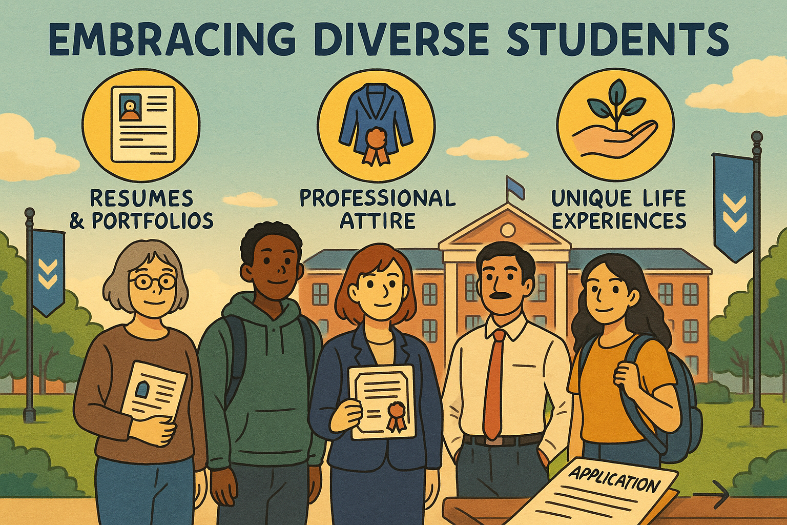 diverse students with resumes on campus