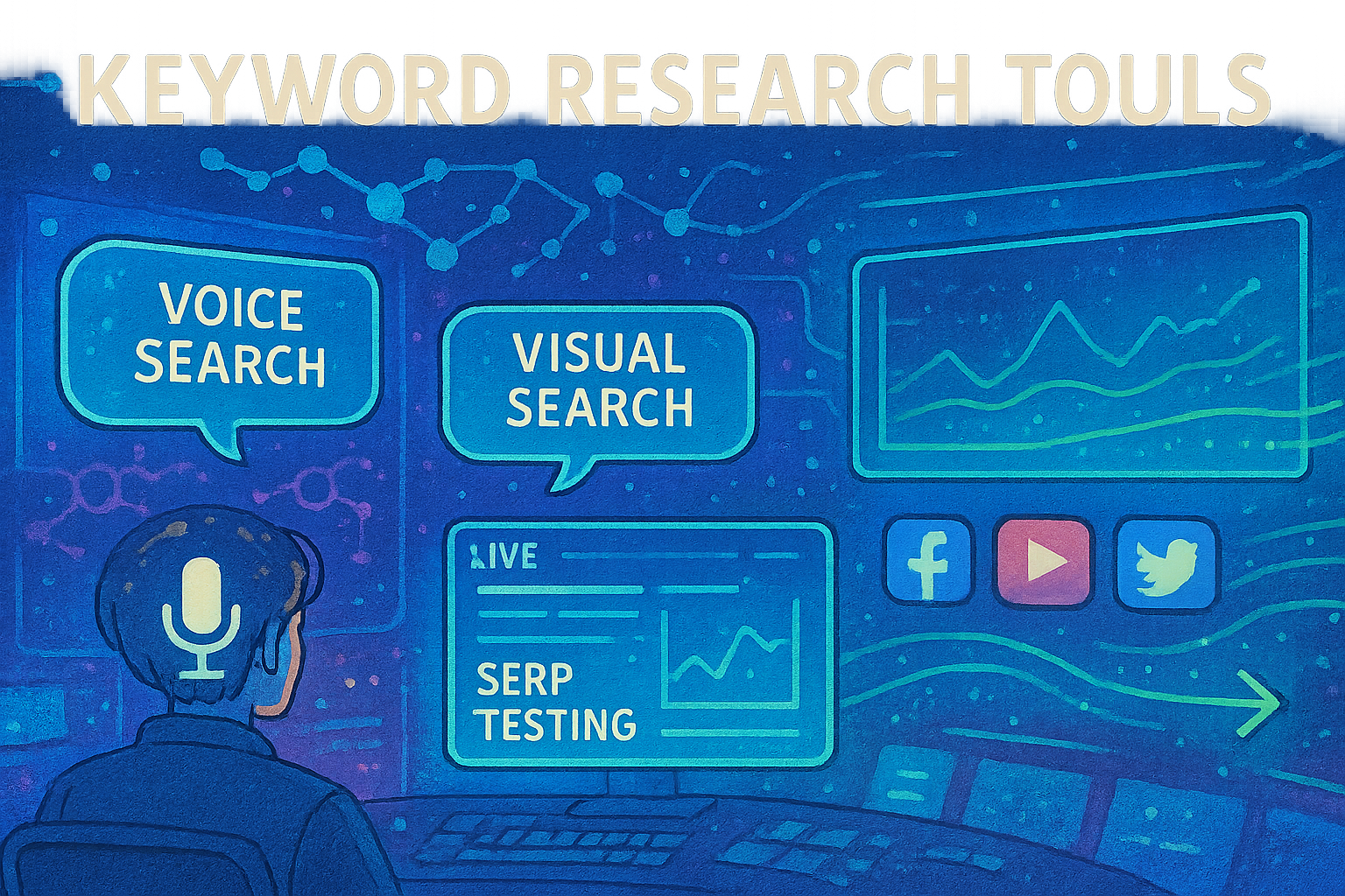 Futuristic screens showing keyword trends
