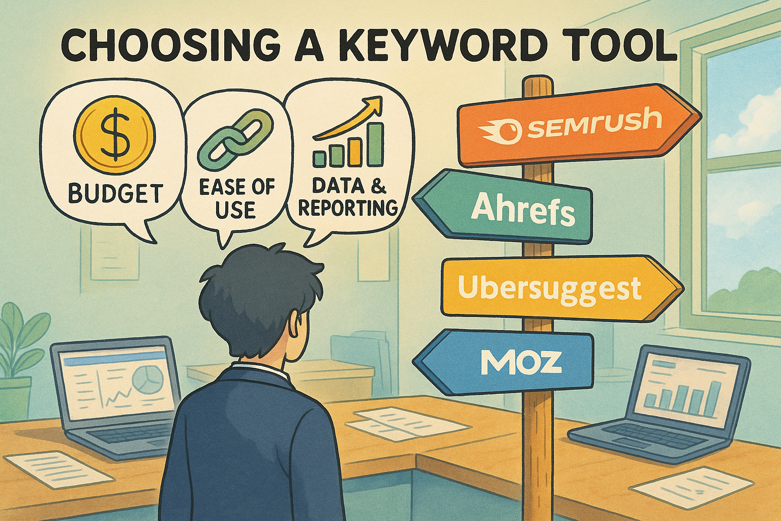 Person choosing among SEO tools