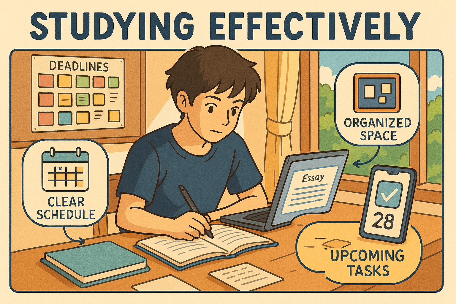 student writing at sunny desk