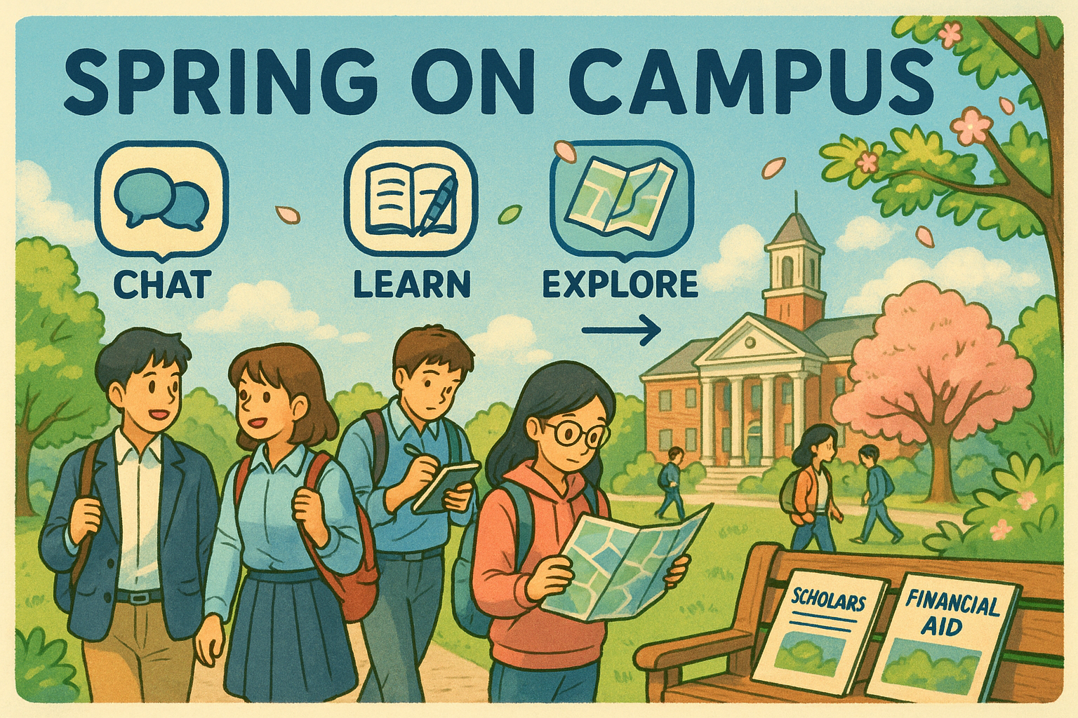Students touring campus in spring