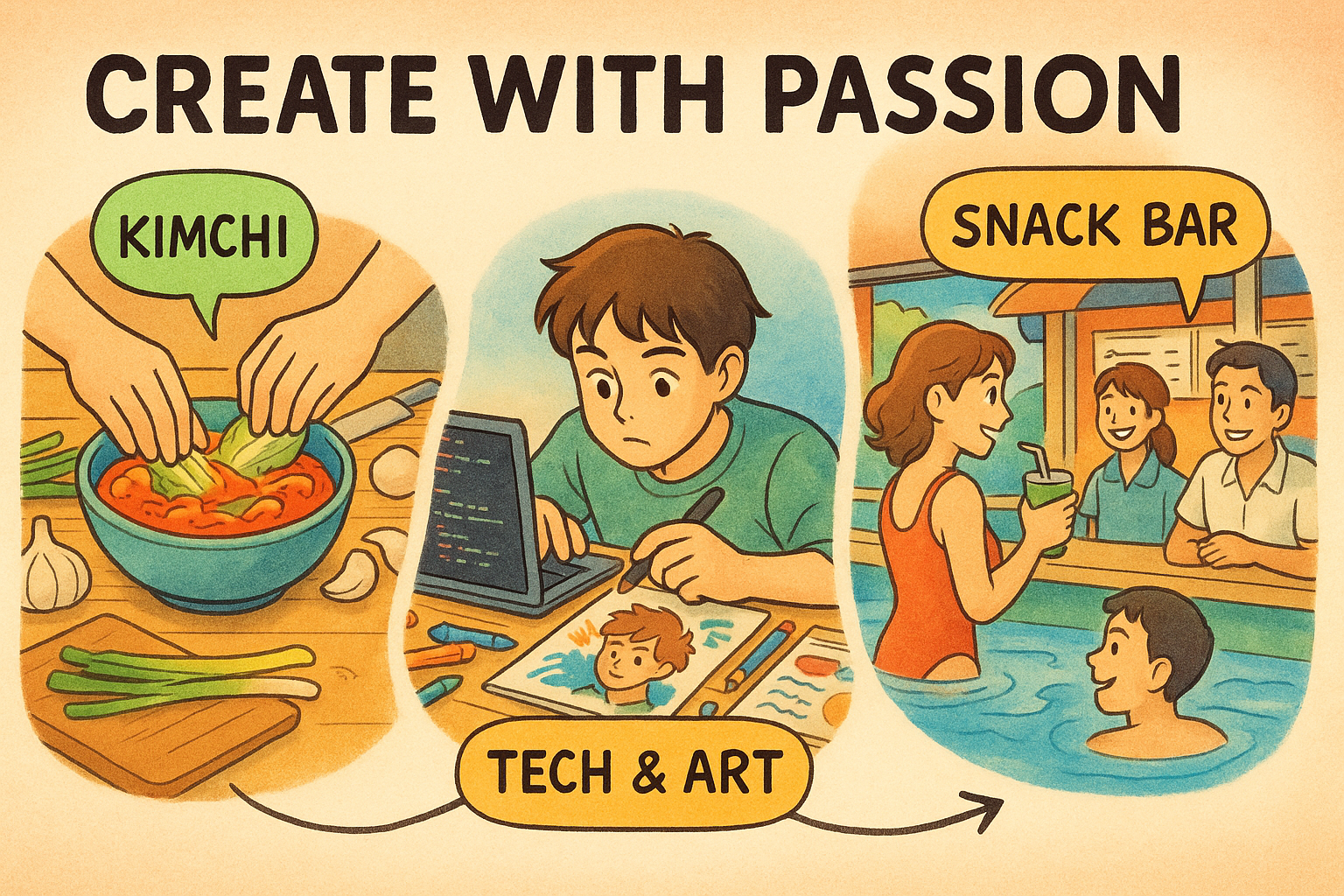 Collage: food, art-tech, community scene