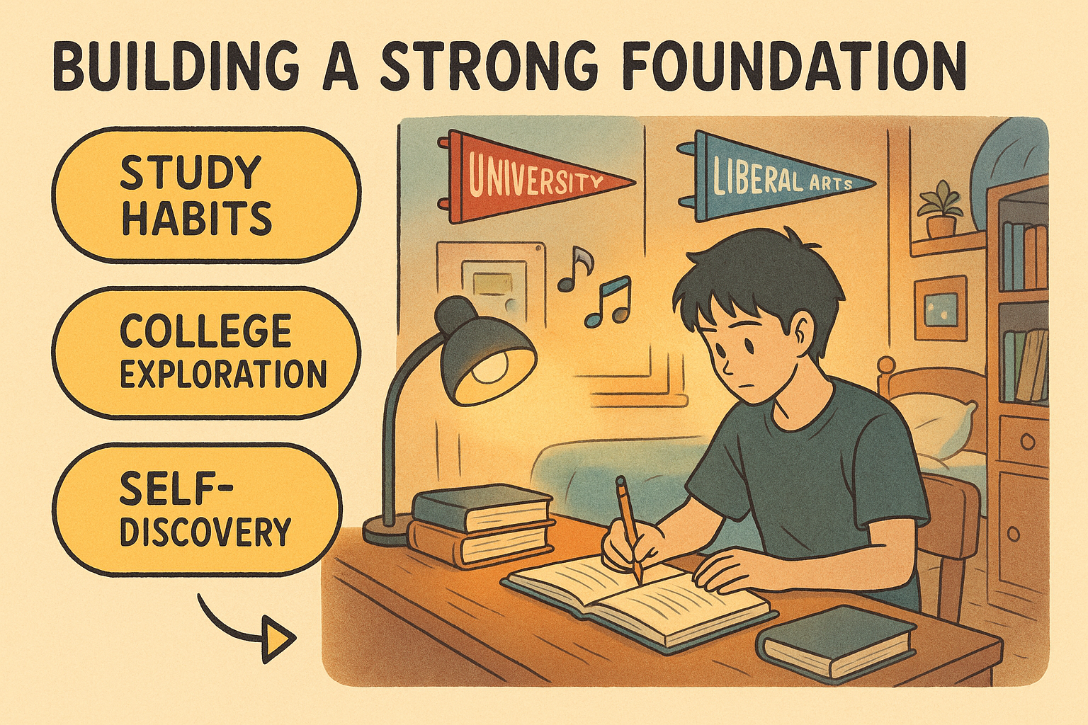 Student studying with college banners