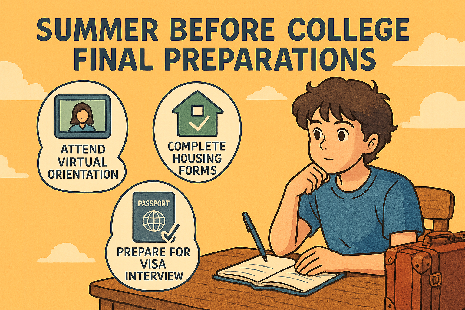 Student preparing documents, luggage, orientation