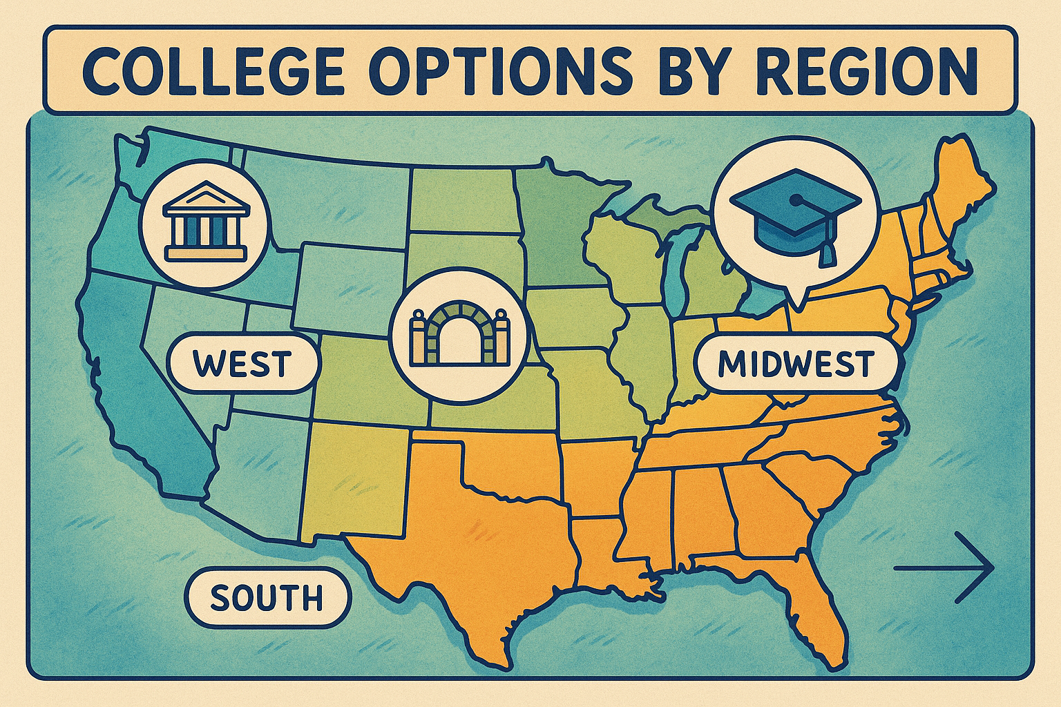 Map with college icons across regions
