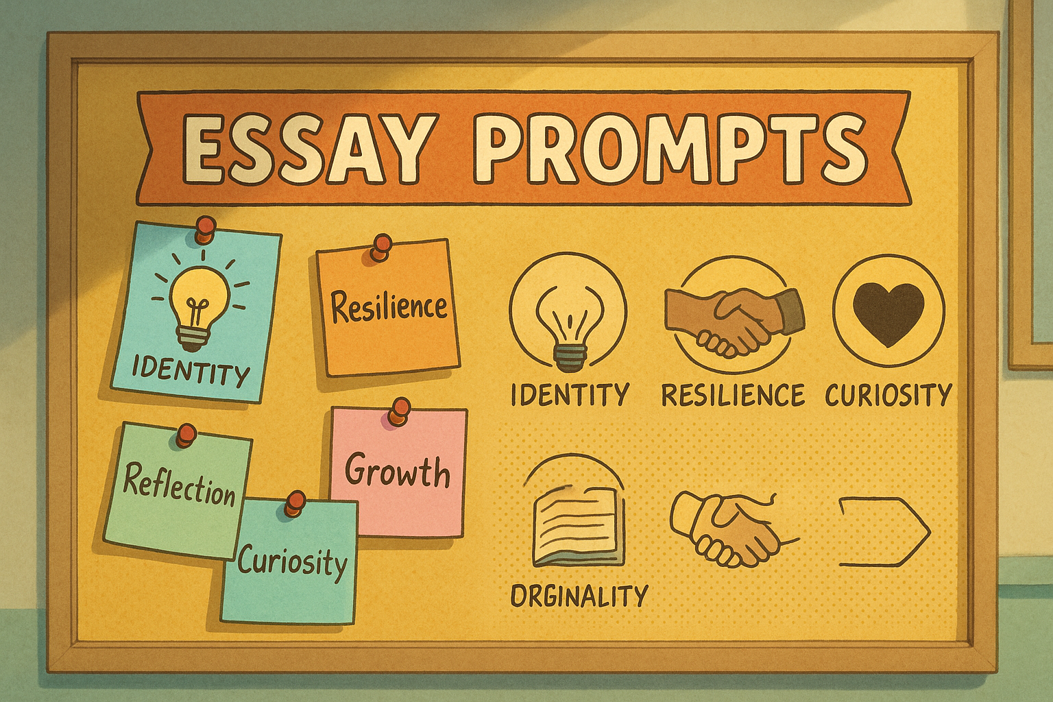 Bulletin board of essay prompt notes