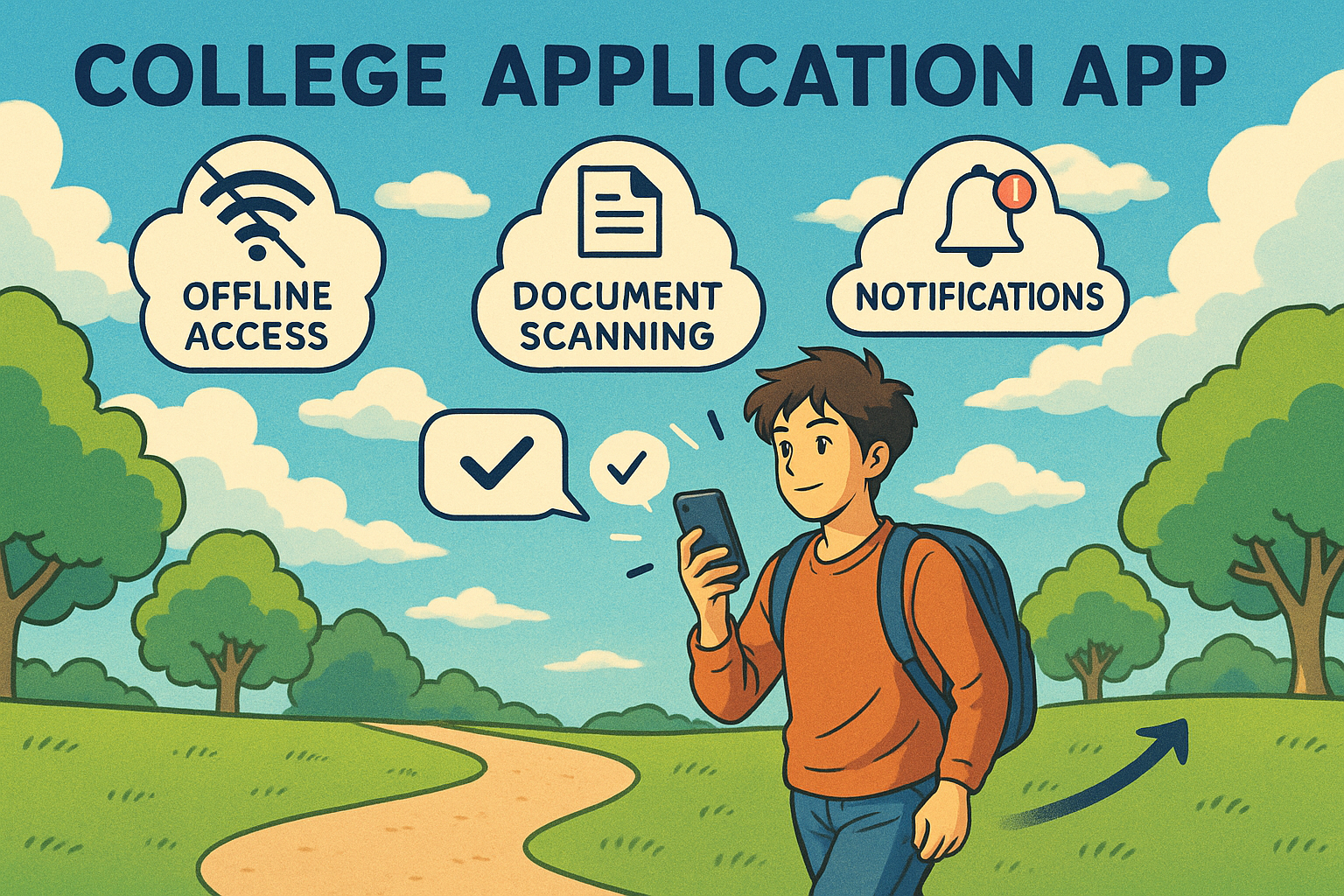Student walking with phone progress