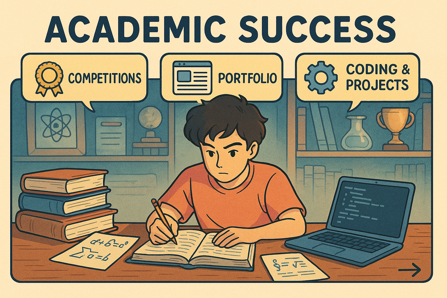 Student studying with coding projects