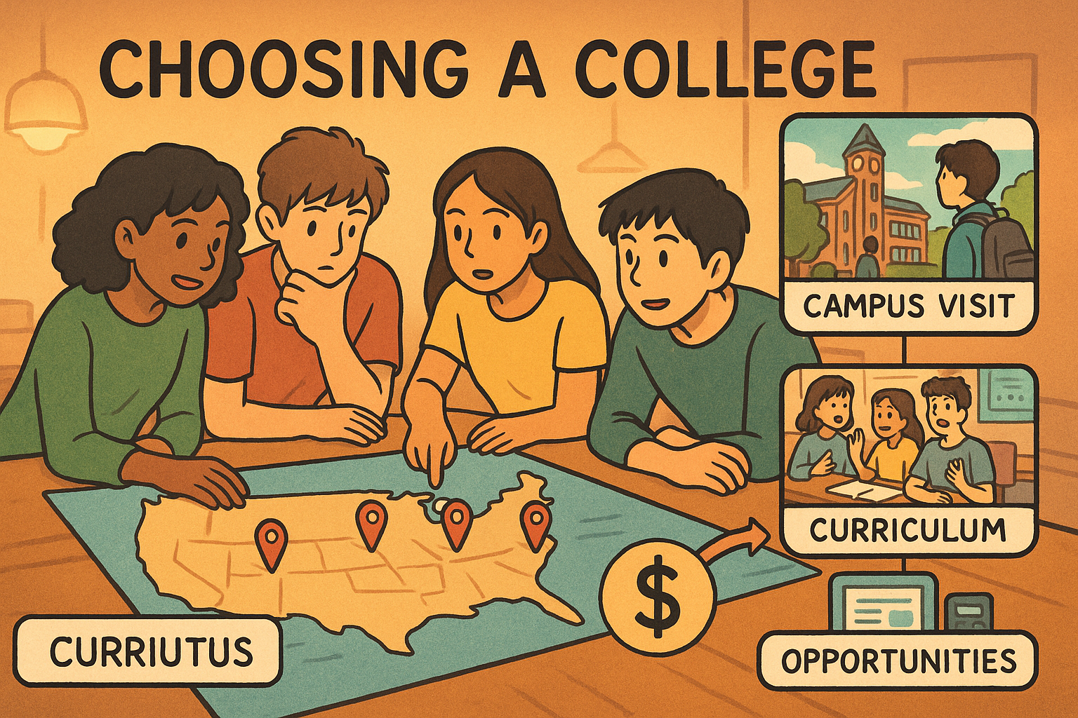 Students choosing college with map