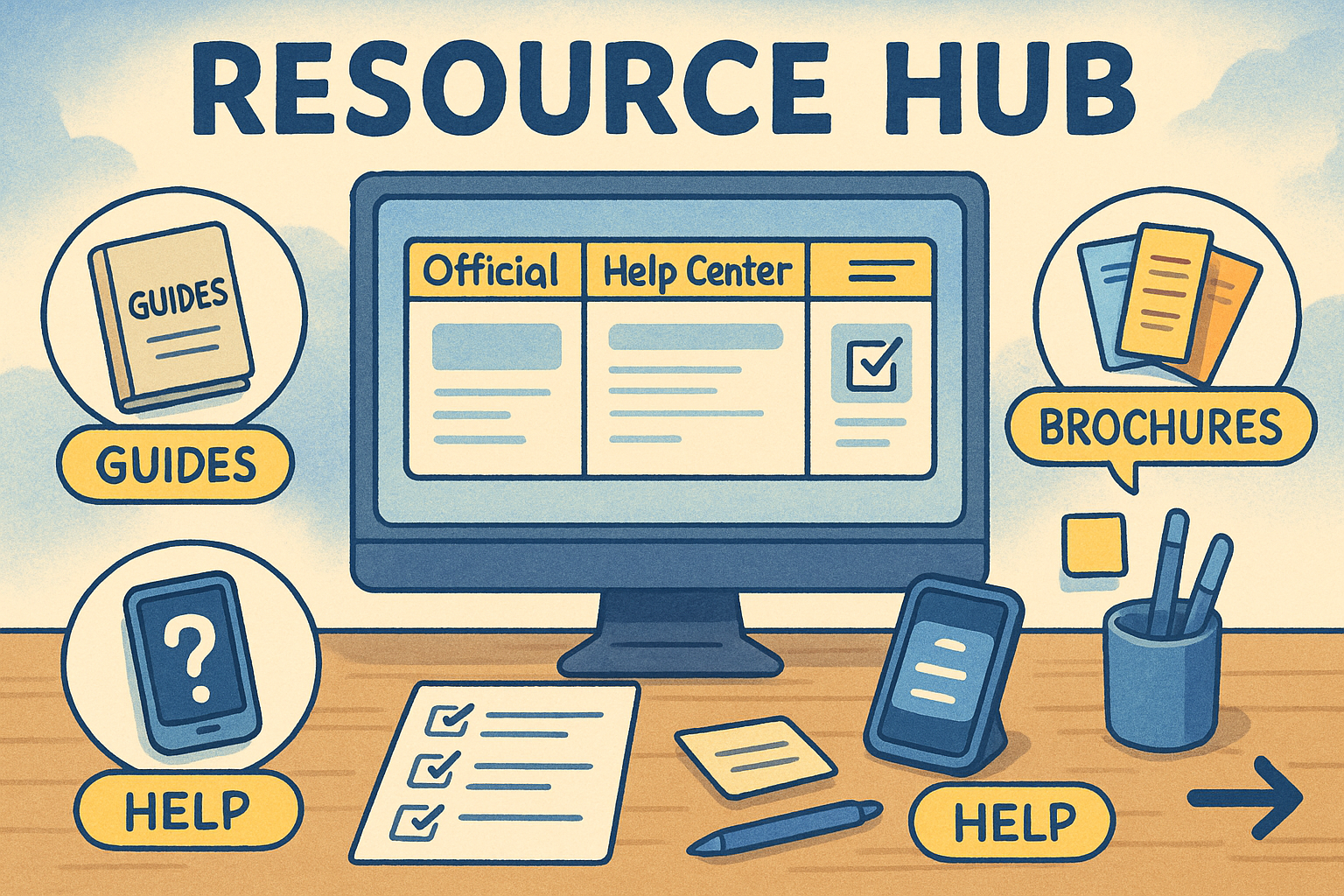 Desk with resources and computer
