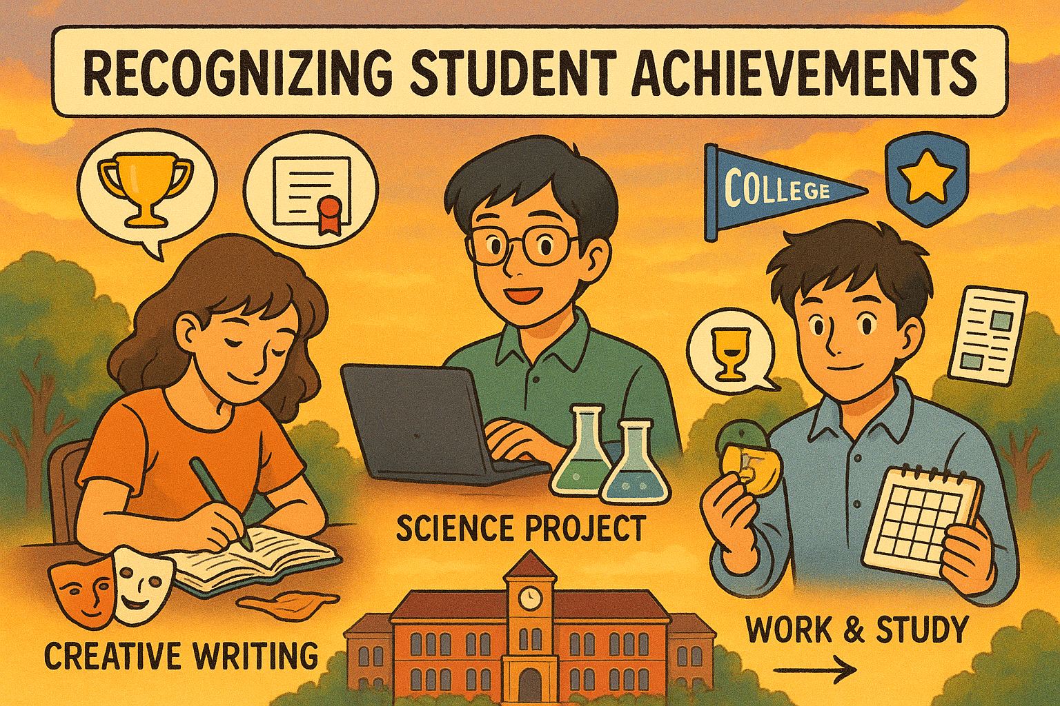 Three students with college case study themes