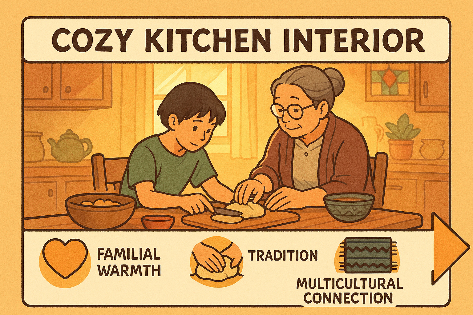 Generational cooking moment in kitchen
