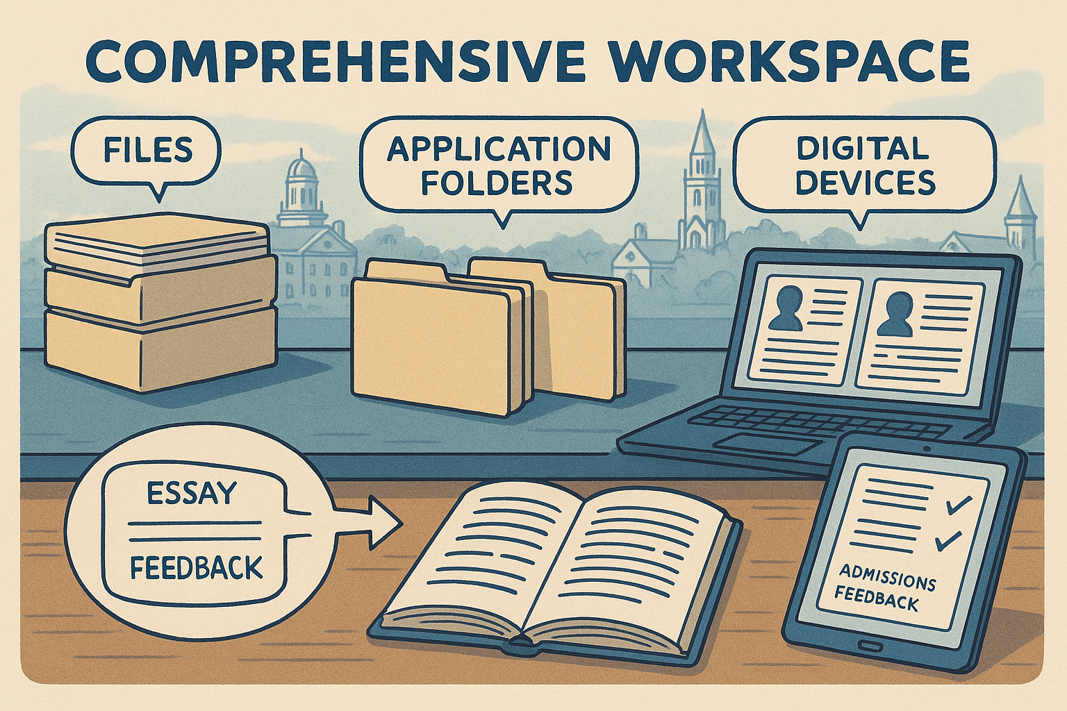 Desk with application files and feedback