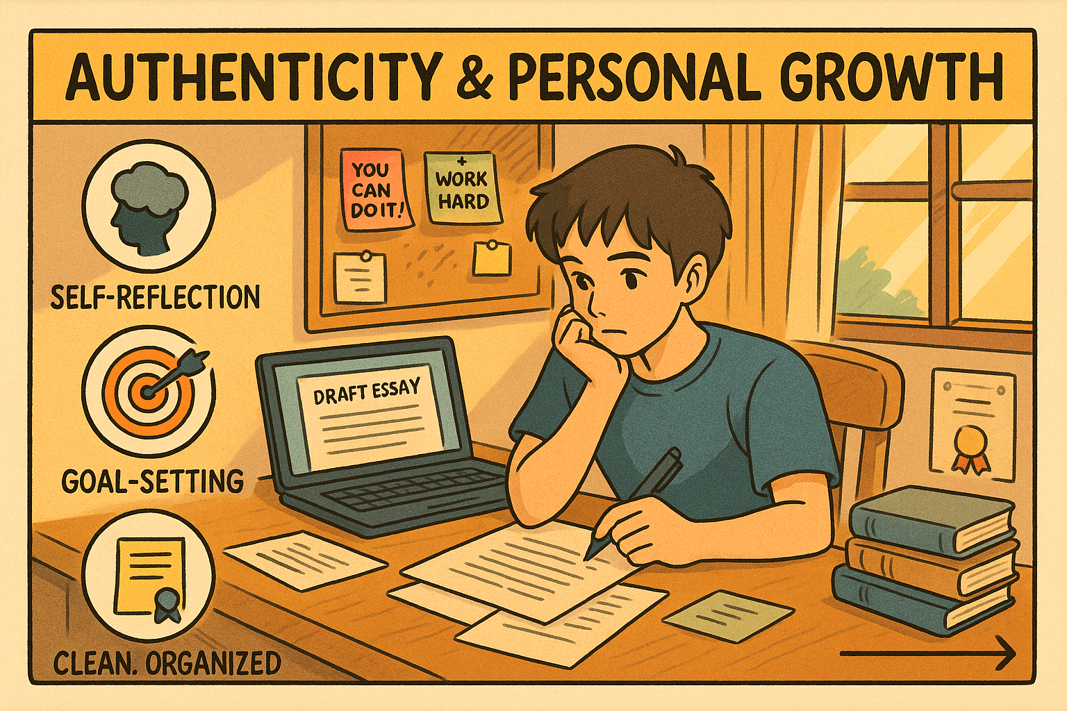 Student writing college essay at desk