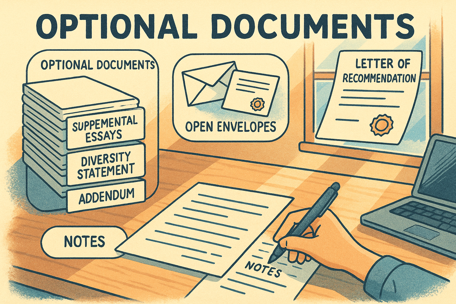 Desk with labeled optional documents
