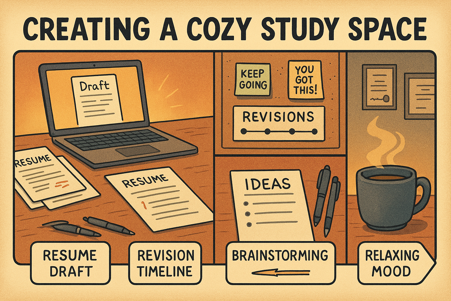 laptop, notes, and resumes on desk