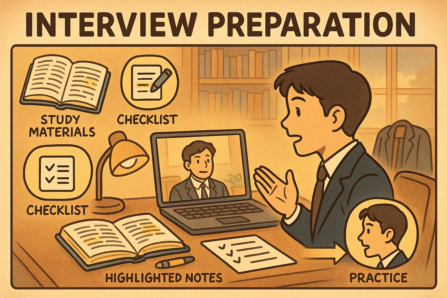 Law interview preparation, desk scene