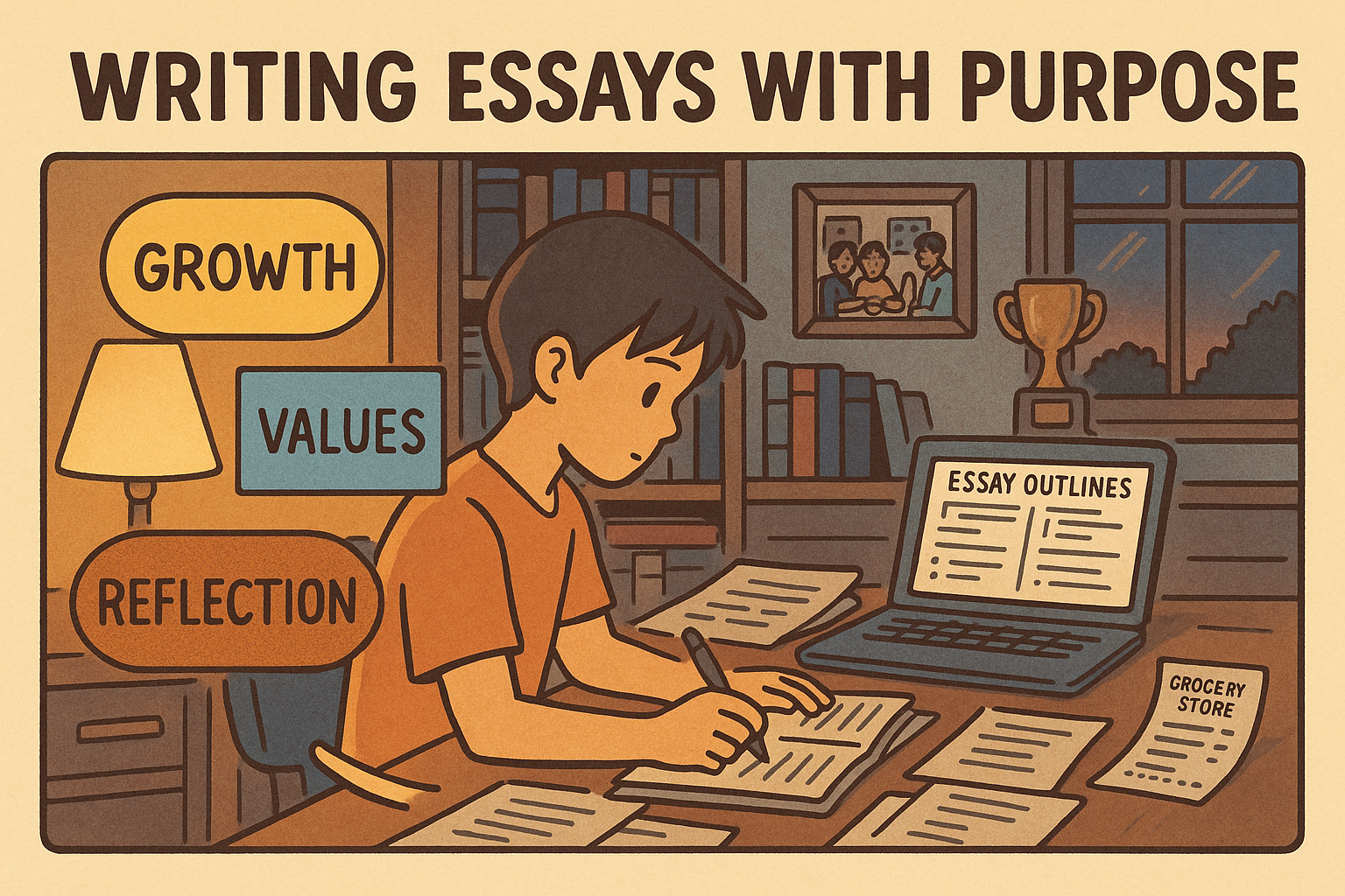 Student writing, essay drafts, warm light
