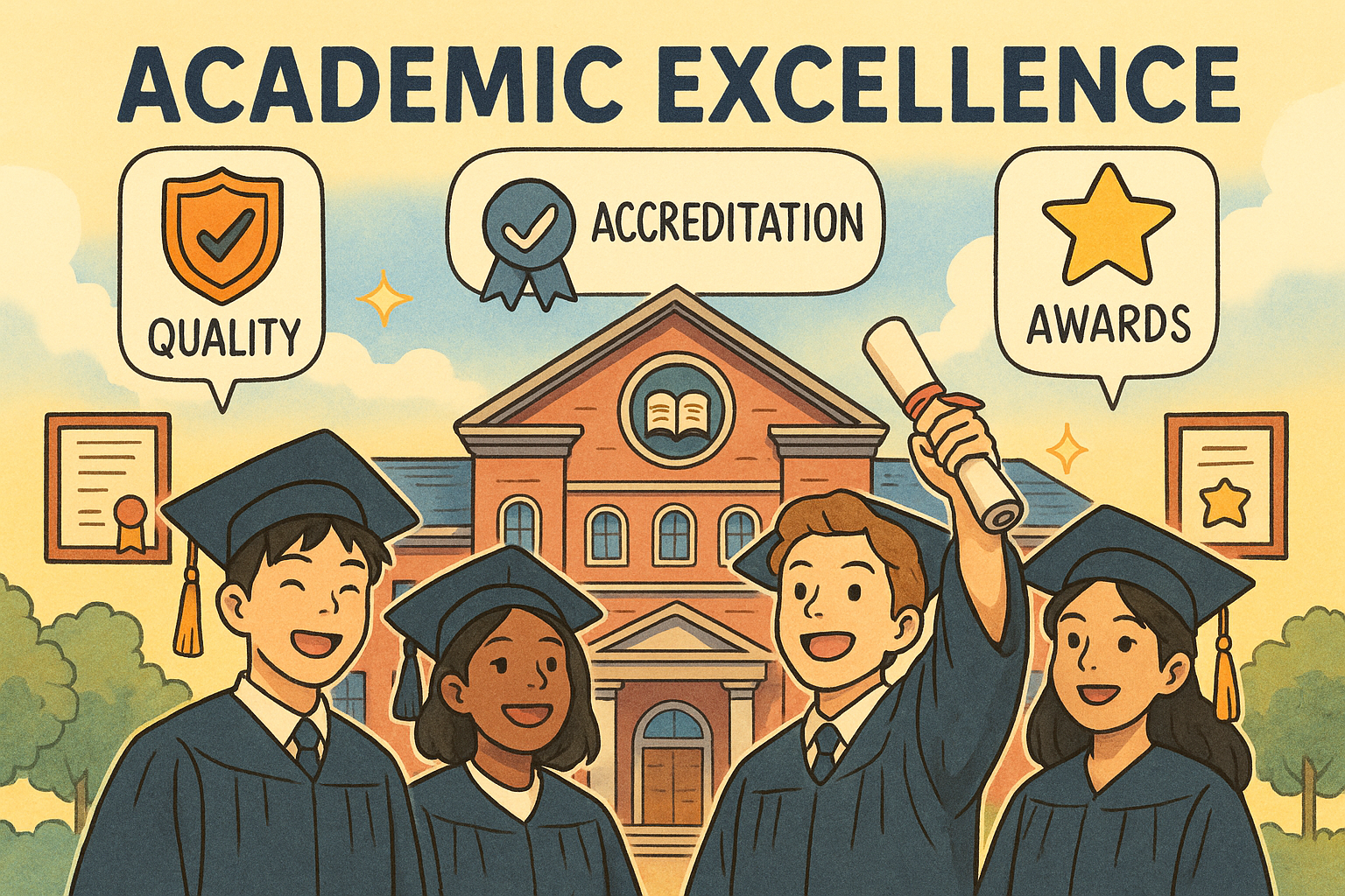 Academic seal, certificates, diverse graduates